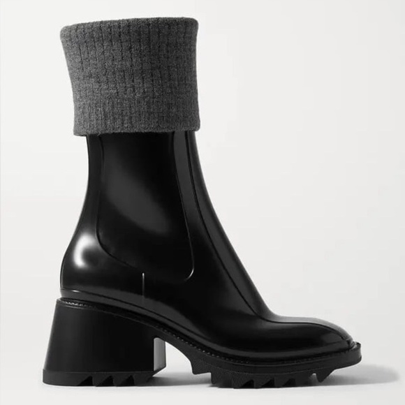 Chloe Betty Mohair Ribbed Sock Rubber PVC Ankle Heeled Rain Boots Black Gray - Picture 1 of 10